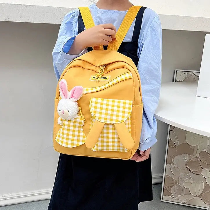 Girls Gingham Rabbit & Letter Patch Decor Functional Backpack 2919
