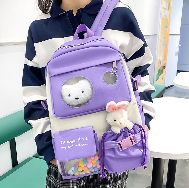 Canvas multiple pocket student college 5pcs Set side bags girls backpack 1225