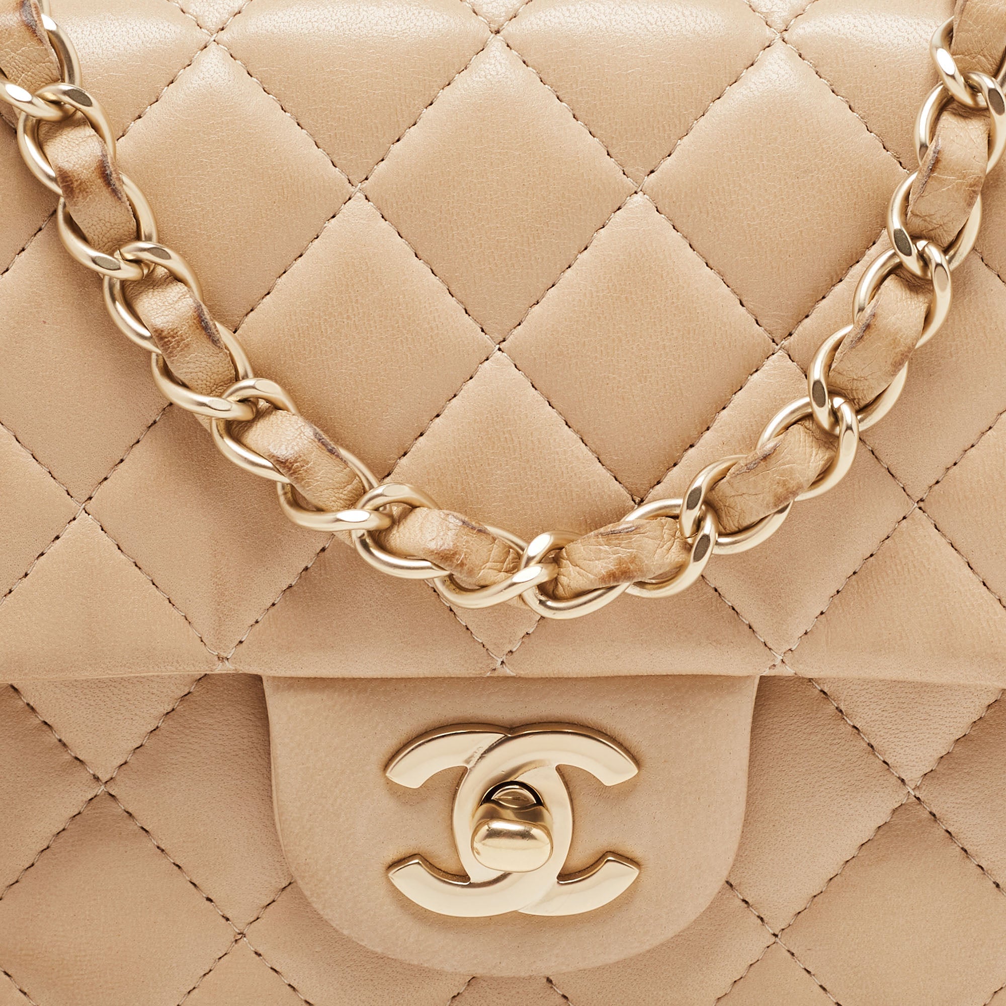 Chanel Beige Leather Gold Hardware Mini Square Flap Bag
